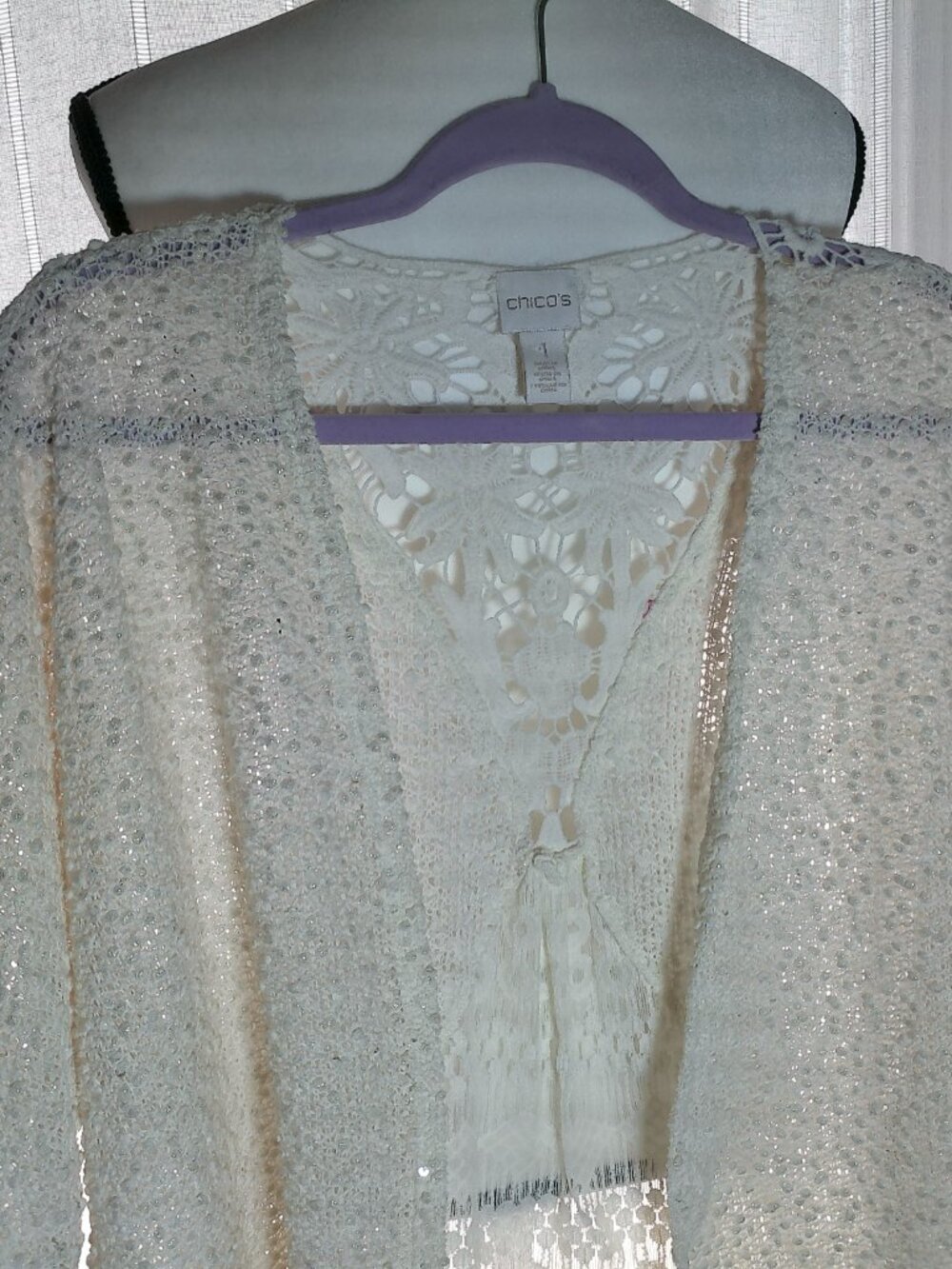 CHICO'S Shrt Sleeve Open Front Cream Sweater Sm.Popcorn Texture w/Lace/Sequins M - Picture 2 of 10